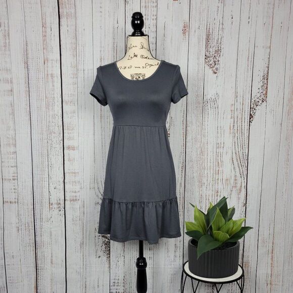 PINK ROSE Grey Scoop Neck Chic Drop Waist Short Sleeve Summer Ruffle Sun Dress - Picture 1 of 7
